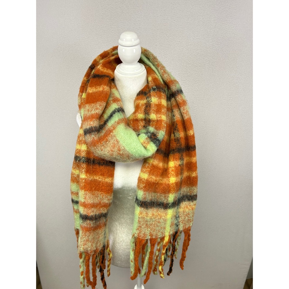Gorpcore Urban Outfitters Women One Size Orange Green Plaid Fringe Blanket Scarf - Picture 7 of 8
